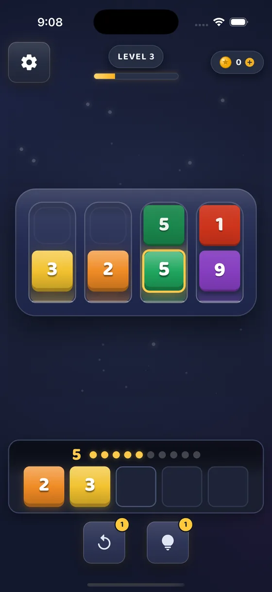 TEN JAM running on a phone: four glass tubes holding coloured number tiles above a tray holding a 2 and a 3, with the running sum showing 5.