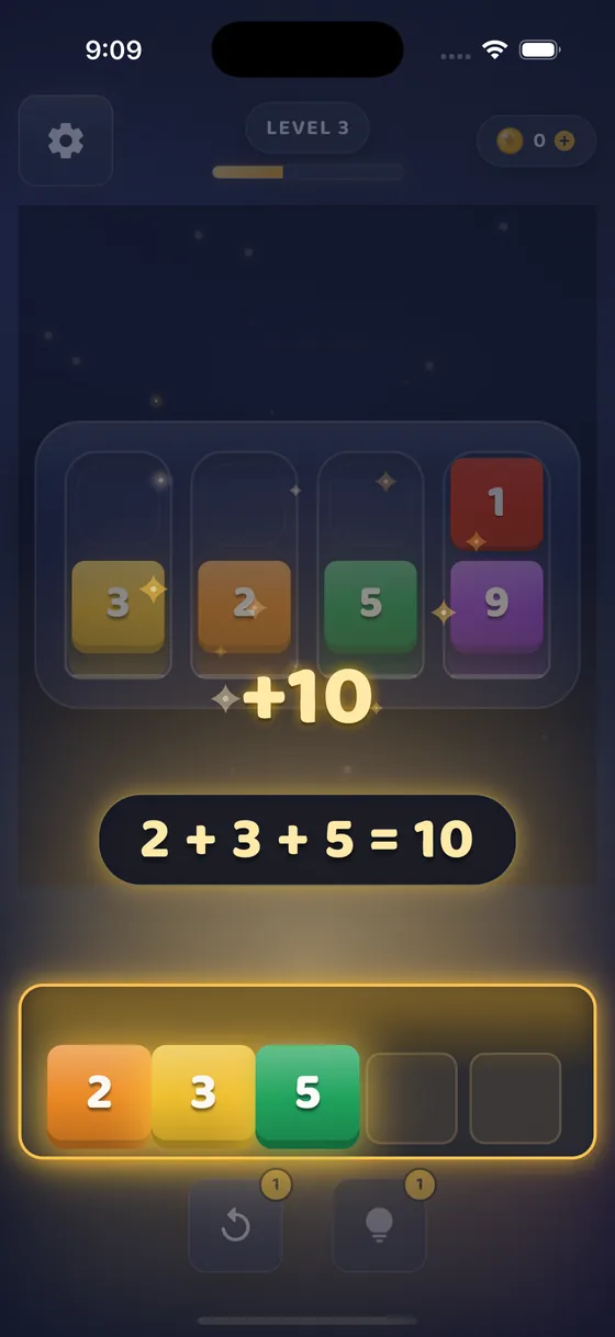 A clear firing: the tray holds 2, 3 and 5 inside a gold glow, a plus ten rises from the board, and a gold pill spells out two plus three plus five equals ten.