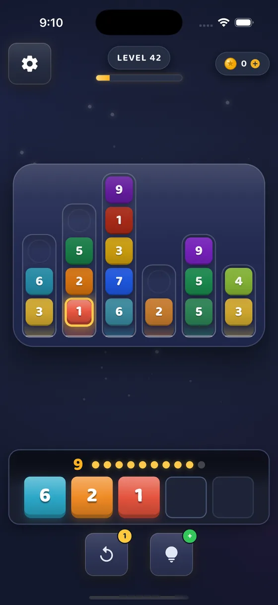 Level 42, an Expert board: six tubes stacked several tiles deep in nine different colours, with the tray holding 6, 2 and 1 for a running sum of 9.