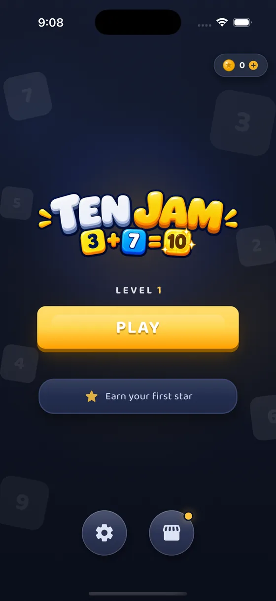 The TEN JAM home screen: the gold and white wordmark on a dark navy field above the words LEVEL 1, a large gold PLAY button, and a row inviting you to earn your first star.