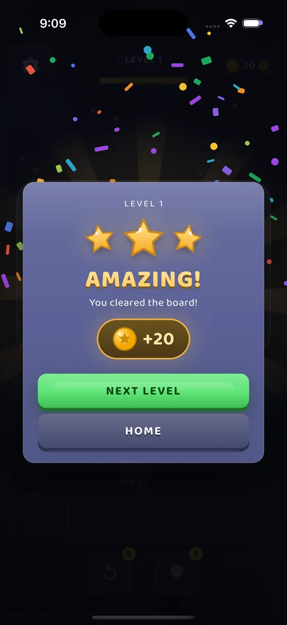 The level complete card: three gold stars, the word AMAZING, the line you cleared the board, a plus twenty coin reward, and buttons for Next Level and Home, with confetti falling.